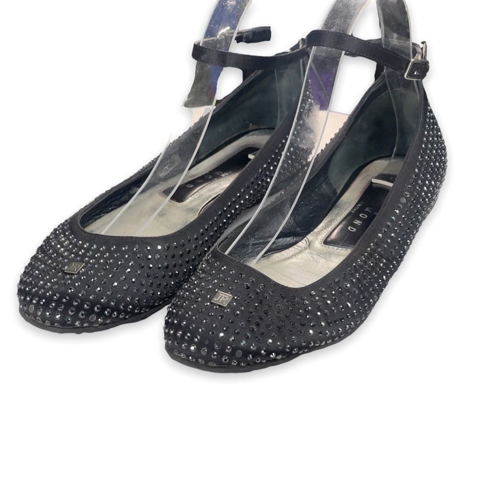 John Richmond Womens Ballet Shoes Black Ankle Strap Rhinestone Italy 6.5 Eur 38